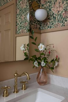 wall paper, brass faucet, bathroom remodel
