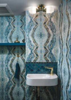 Alberta Park Bathroom Portland Transitional style bathroom remodel wall hung sink with turquoise lantern tile backsplash, gold fixture, & antique gold light