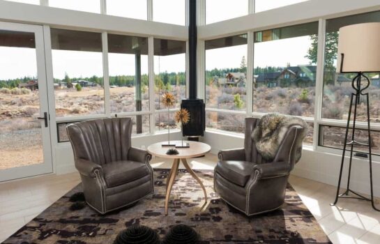 Bend Tetherow Custom Home 013 Modern custom home with gas fireplace.