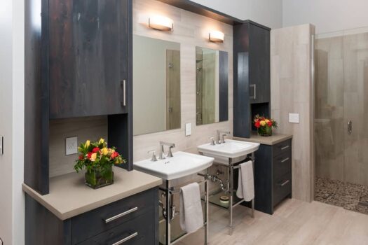 Bend Tetherow Custom Home 022 Modern custom home bathroom with console sink, reclaimed juniper wood cabinets, quartz countertop, and zero-threshold shower.