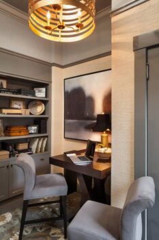 Davis Street Condo Seating Nook Portland 008 Condo remodel seating nook and office with built in cabinets and book shelf, and chandelier.