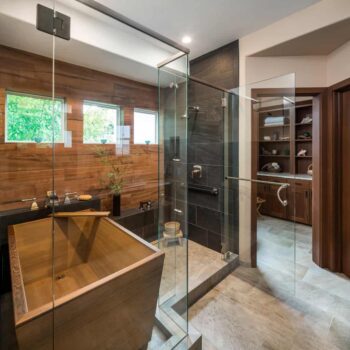 Durham Bathroom Remodel Portland-001 Japanese Influence bathroom remodel with cedar wood Ofuro tub, Semi-frameless shower, and porcelain tile.
