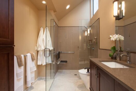Mt Park Bathroom Portland 003 Modern accessible design bathroom with large zero threshold wheelchair accessible shower, and frameless shower surround.