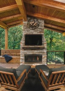 Cozy gas fireplace with comfortable seating for outdoor entertaining