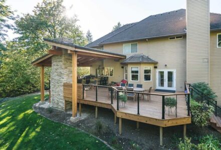 Outdoor kitchen remodel with a contemporary bar, dining area, and multiple seating areas