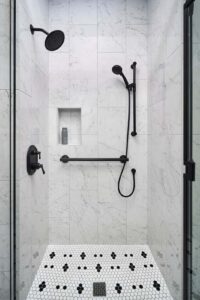 Small Transitional Bath in Northwest Portland, featuring walk-in shower with custom tile work.