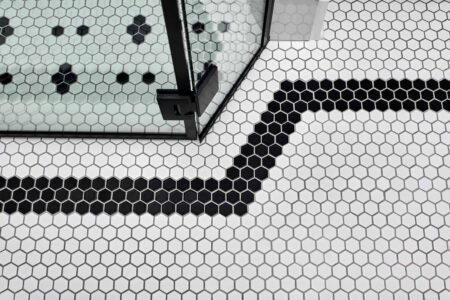 Small Transitional Bath in Northwest Portland, featuring walk-in shower with custom tile work.