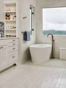 Vancouver Primary Bath and Wetroom including storage within reach of freestanding tub.