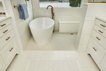 Vancouver Primary Bath and Wetroom with wet and dry areas separated by custom floor and bath tile.