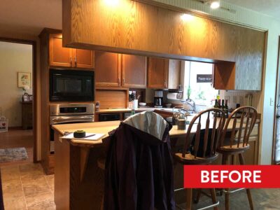 A before photo shows a dark, cramped, 1970s-era kitchen in need of an update.