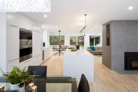 An adjacent fireplace can be enjoyed from any part of the kitchen area.
