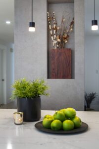 A niche in the fireplace is perfect for decor.