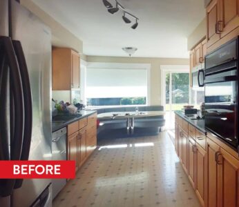 A before photo shows the existing galley kitchen and eating nook.