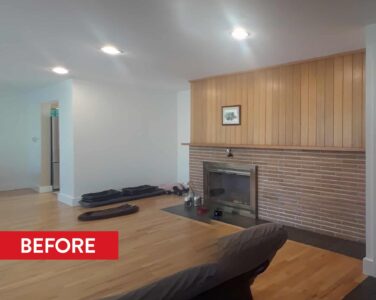 A before photo shows the existing walled-in kitchen, with dining room to the left, just out of frame.