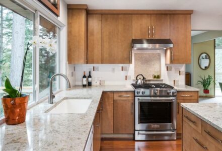 Mid-century modern kitchen quartz countertops and an undermount kitchen sink.