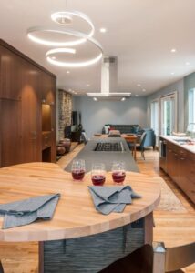 Modern kitchen with a center island with a gas range.