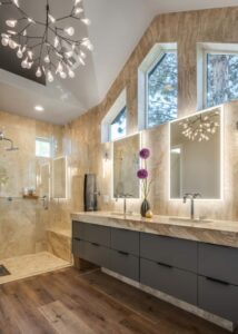 Fluerco Edge Lit vanity mirrors above a double vanity with chrome sinks.