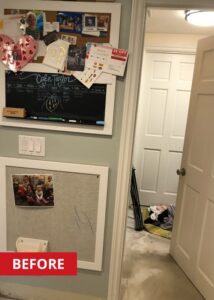 Two pinboards with images hanging in a kitchen.