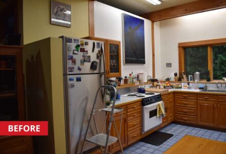 Triangle lake kitchen with outdated appliances.