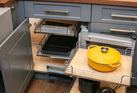 Under-cabinet pullout storage racks.