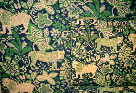Green floral wallpaper.