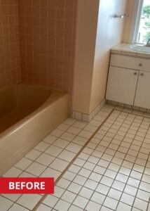 White square bathroom floor tile.