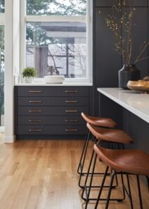 Three bar stools at a kitchen counter.