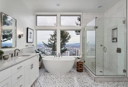 Soaking tub next to a glass walk-in shower.