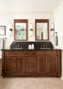 Crystal Cabinet Works custom vanity made with quarter-sawn white oak stained “Sepia”.