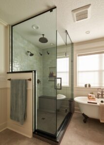 Larger shower with glass walls and a shower bench.