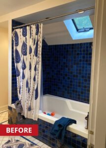 Shower bath with a raindrop shower curtain.