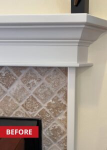 Fireplace with a white fireplace mantel.
