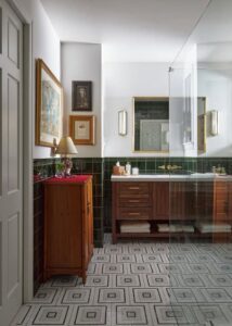 Transitional bathroom with a double-sink vanity, and glass window shower.