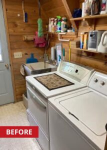 Top-loader washer and front-load dryer in a wet room.