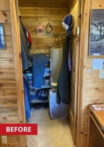 Coat and shoe storage in a wet room in a cozy cabin.