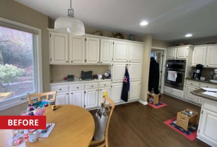 White cabinets with small round pulls built along a kitchen wall.