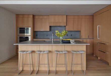 A modern kitchen featuring warm wooden cabinetry, a sleek island with bar stools, and a touch of greenery on the countertop.