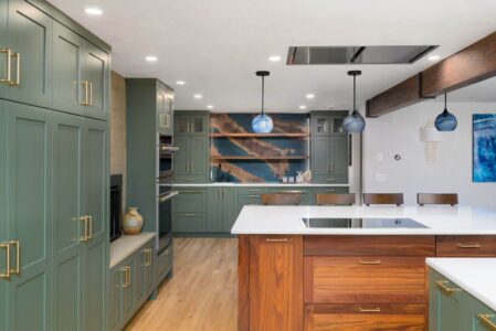 A remodeled kitchen in Eugene, Oregon with an island and a wet bar