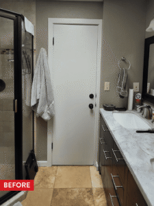 A cramped primary bathroom before remodeling