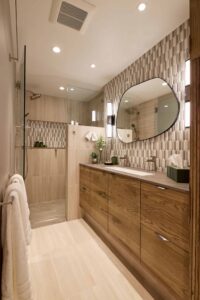 A remodeled mid-century inspired primary bathroom