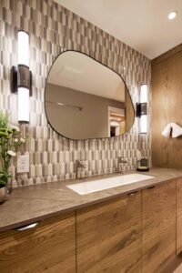 A remodeled mid-century inspired primary bathroom