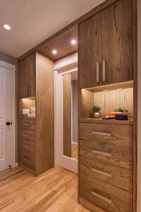 A remodeled mid-century inspired primary closet